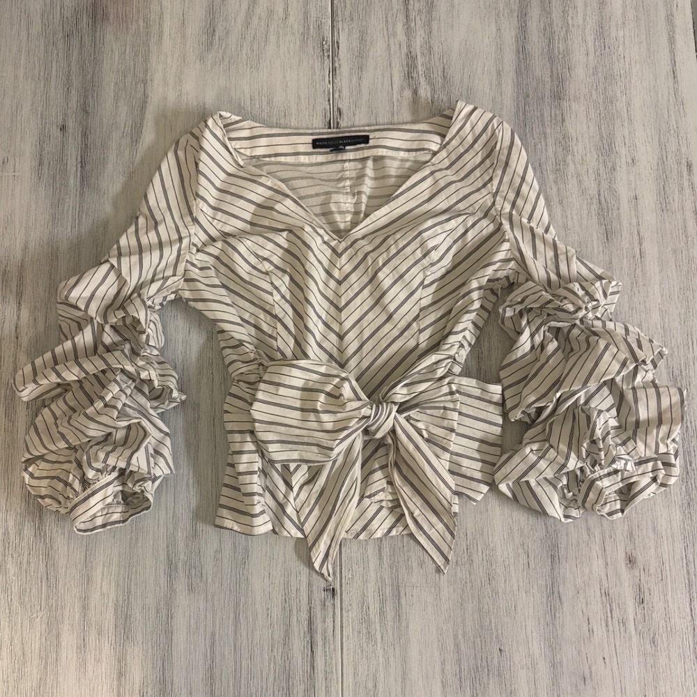 White House Black Market Striped‎ Ruffle Sleeve Tie Waist Blouse  size 4